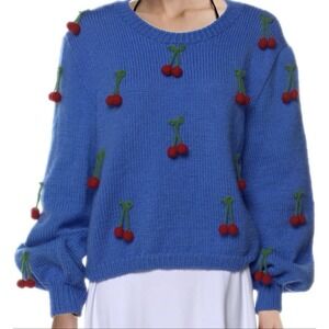 Lirika Matoshi Womens Cherries Sweater Sz Large Blue Long Sleeve Pullover